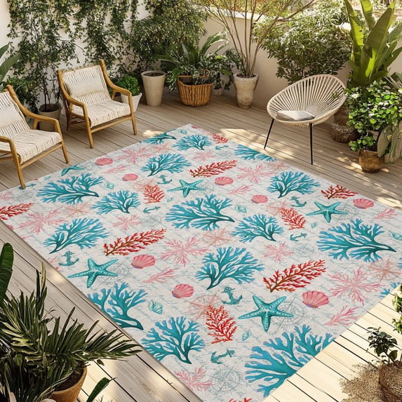 Teal Blue Red Coral Outdoor Rug for Patio/Deck/Porch, Non-Slip Large Area Rug 5 x 8 Ft, Coastal Nautical Summer Beach Indoor Outdoor Rugs Washable Area Rugs, Reversible Camping Rug Carpet Runner