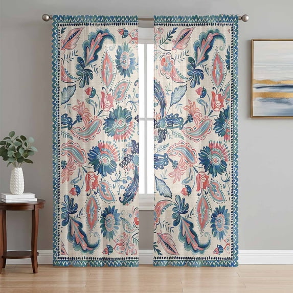 Teal Blue Red Ethnic Sheer Curtains 72 Inch Length 2 Panels Set, Boho Modern Geometric Abstract Art Voile Window Treatment Rod Pocket Curtains Sheers Drapes for Bedroom/Living Room/Kitchen 52"x72"x2