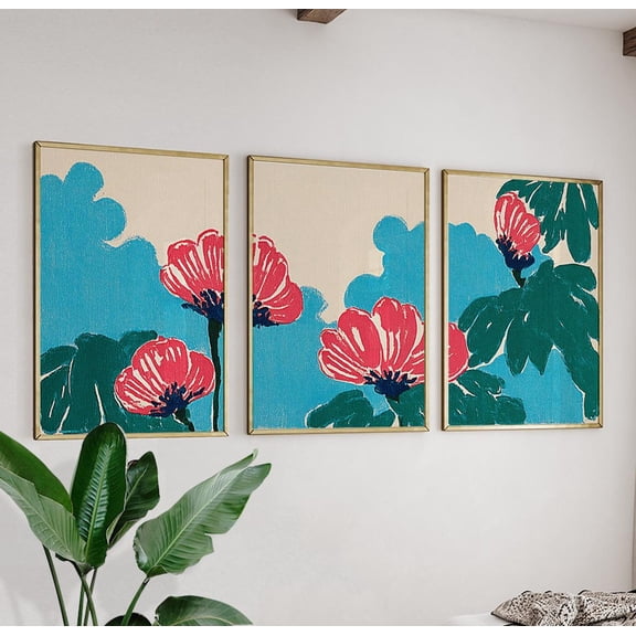 Teal Blue Red Floral Poster Set Abstract Botanical Wall Art Modern Triptych Prints