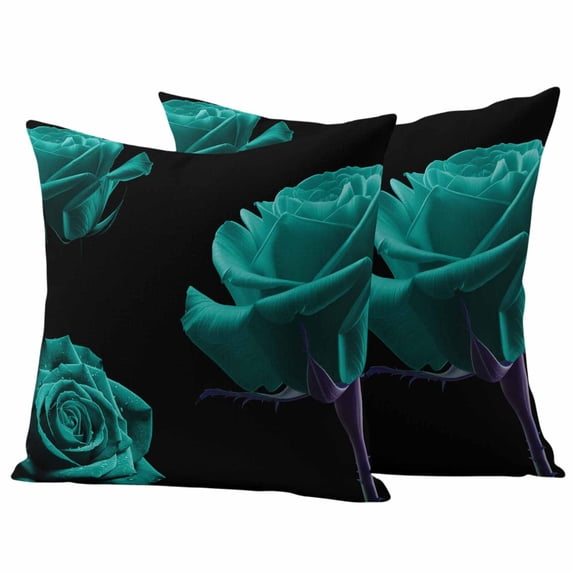 Teal Blue Rose Outdoor Waterproof Pillow Covers, Vintage Abstract Garden Flower Floral Black Decorative Square Throw Pillowcase Sofa Cushion Sham for Patio/Couch/Chair, 18"x18" 2 Pack