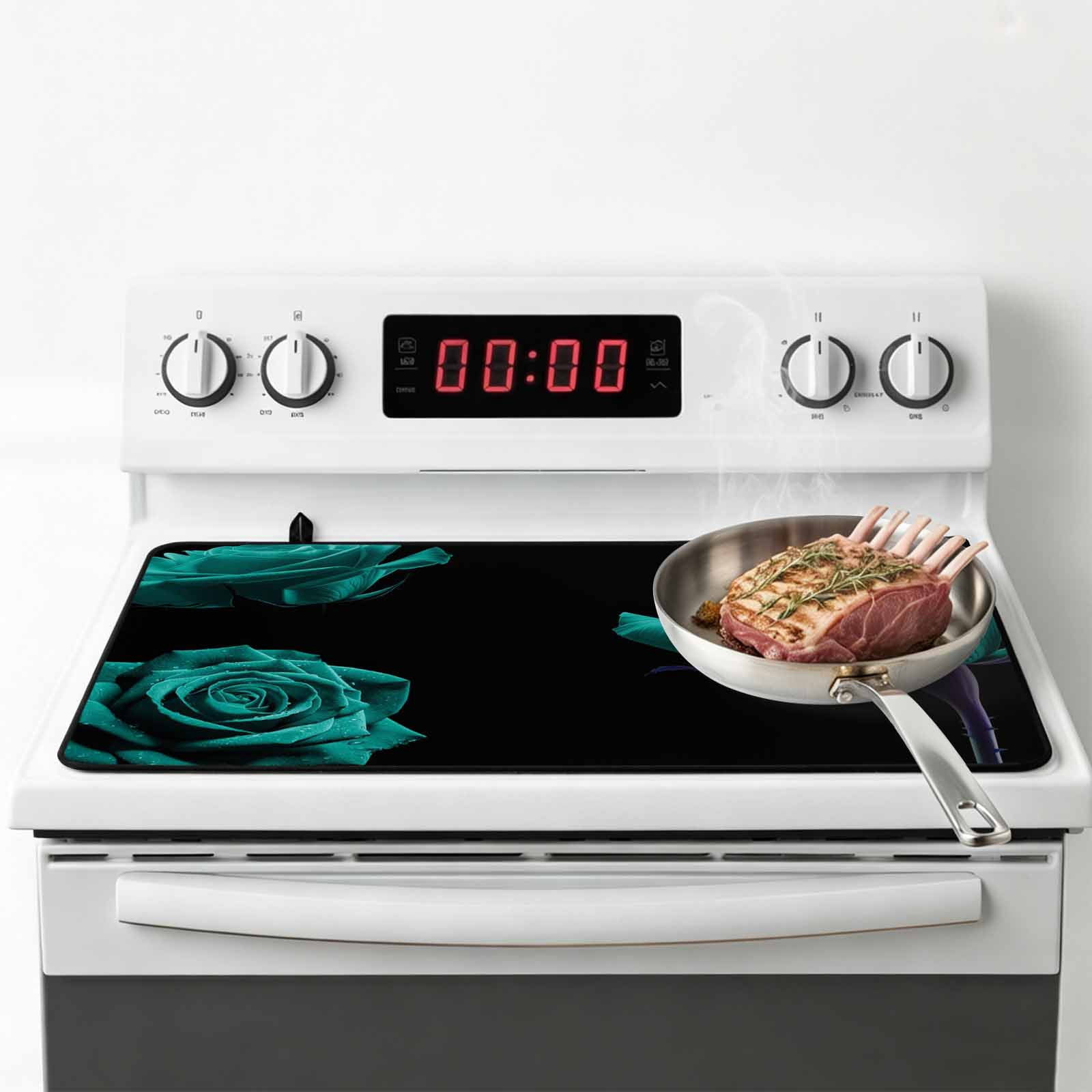 Teal Blue Rose Stove Top Cover for Electric Stove, Heat-proof & Non Slip Glass Top Stove Cover Protector, Vintage Abstract Garden Flower Floral Black Kitchen Flat Cooktop Rubber Mat 31x24 Inches