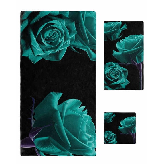 Teal Blue Rose Towel Set of 3, Soft Microfiber Bath Towels, Hand Towel, Washcloths, Vintage Abstract Garden Flower Floral Black Quick-Dry Absorbent Towels for Bathroom Kitchen Hotel Beach Gym Spa
