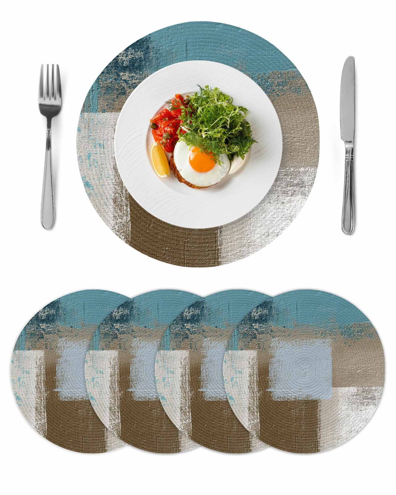Teal Blue Round 13 Inch Placemats Set of 4, Brown White Minimalist ...