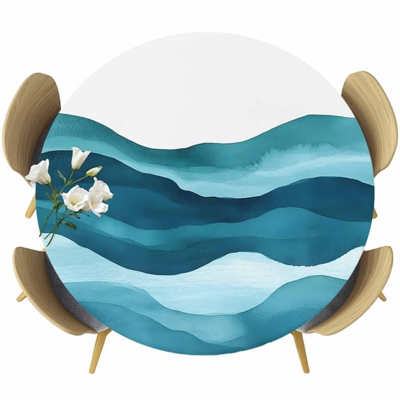 Teal Blue Round Fitted Table Cover Water Ripple Abstract Gradient Coean Waves Waterproof Table Cloth with Elastic Edge Wipeable Tablecloth for Picnic Camping Party Fits 45"-54" Diameter