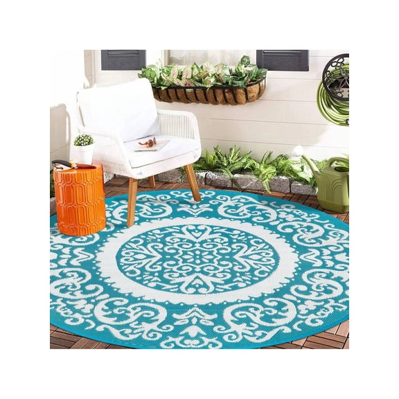 Teal Blue Round Outdoor Patio Rug 6Ft Waterproof Reversible Plastic Straw Mat For Deck Porch Garden