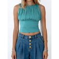 thumbnail image 1 of Teal Blue Ruched Halter Crop Tank Top Sleeveless Fitted Cami for Women, 1 of 8