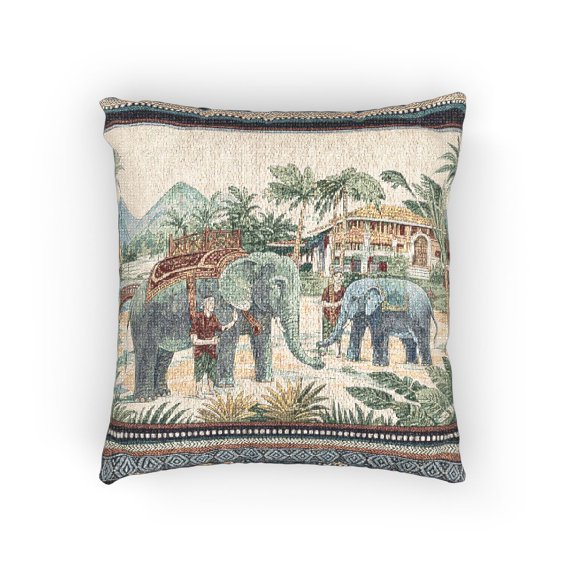 Teal Blue, Rust Red and Beige Elephant Caravan with Tropical Palms Decorative Woven Pillow, Cotton-Polyester Shell
