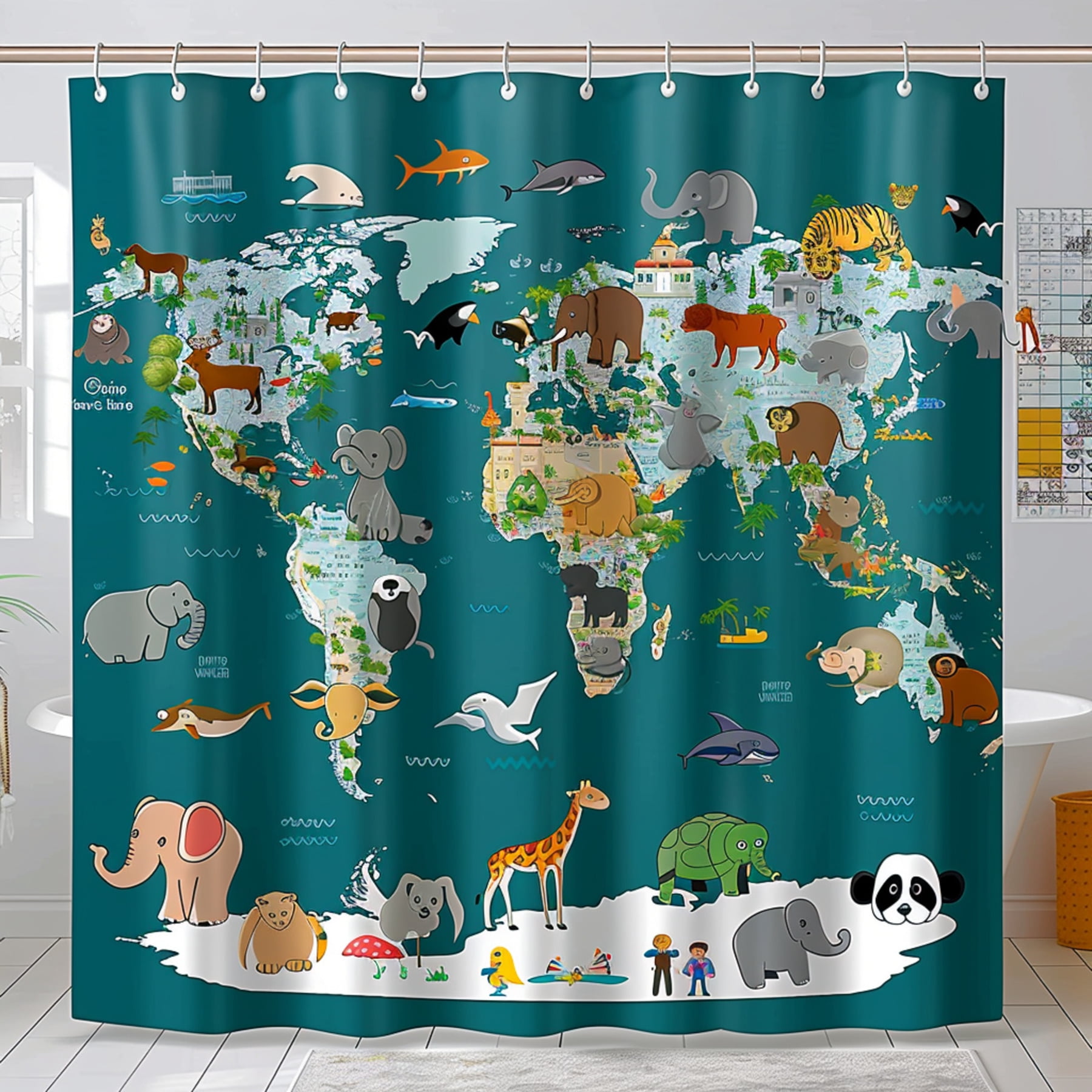 Teal Blue Safari Fun Kids Shower Curtain Cute Animal World Map Design ...