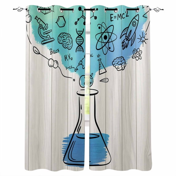 Teal Blue Science Kitchen Curtains Funny Cartoon Artwork Wood Grain Cafe Short Curtains for Bathroom Blackout Window Curtain Grommet Small Window Treatment Drapes for Bedroom Living Room 52"x45"x2