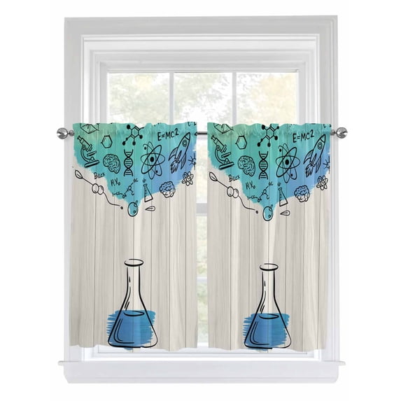 Teal Blue Science Living Room Curtains 2 Panel, Funny Cartoon Artwork Wood Grain Cafe Window Treatment, Farmhouse Bedroom Bathroom Kitchen Curtains Drapes 104"x45"