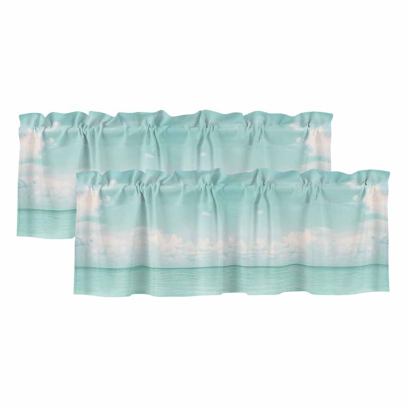Teal Blue Sea Sky Window Valance, Summer Vintage Gradient White Clouds Ocean 2 Pack Decorative Curtain for Small Windows, Light Filtering Valance with 3” Rod Pocket, 42"W x 12"L