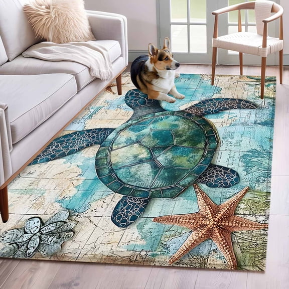 Teal Blue Sea Turtle Area Rug 4x6 Washable Rug Non Slip Summer Ocean Nautical Starfish Large Area Rug Indoor Floor Carpet for Entryway Bedroom Kitchen Living Room Home Office Dining Room Nursery