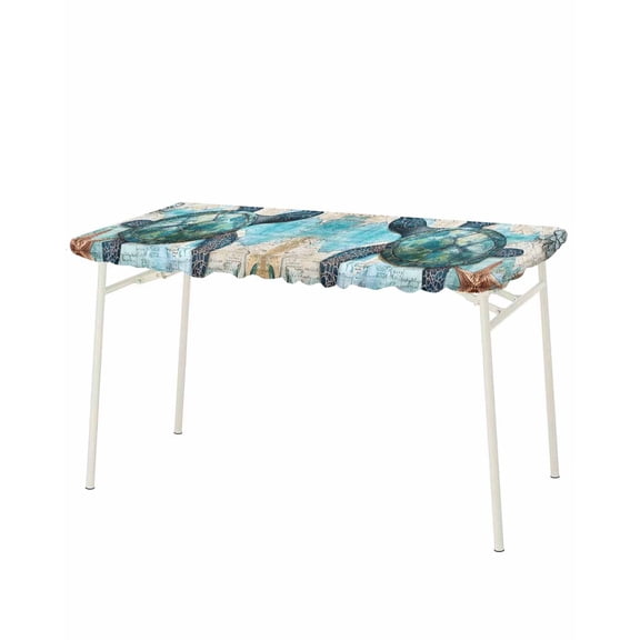 Teal Blue Sea Turtle Rectangle Tablecloth, Waterproof Elastic Fitted Table Covers for 8 Foot Tables, 32x96inch Decorative Tablecloths for Picnic, Camping, Outdoor, Summer Ocean Nautical Starfish