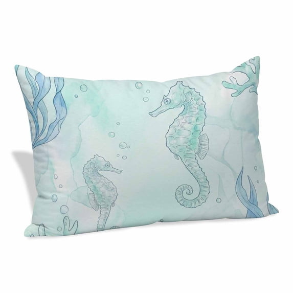 Teal Blue Seahorse Coastal Pillow Covers, Linen Long Throw Pillow Case, Beach Watercolor Sea Ocean Nautical Holiday Pillow Protector Decorative Cushion Cover for Living Room/Bedroom 20" x 26"