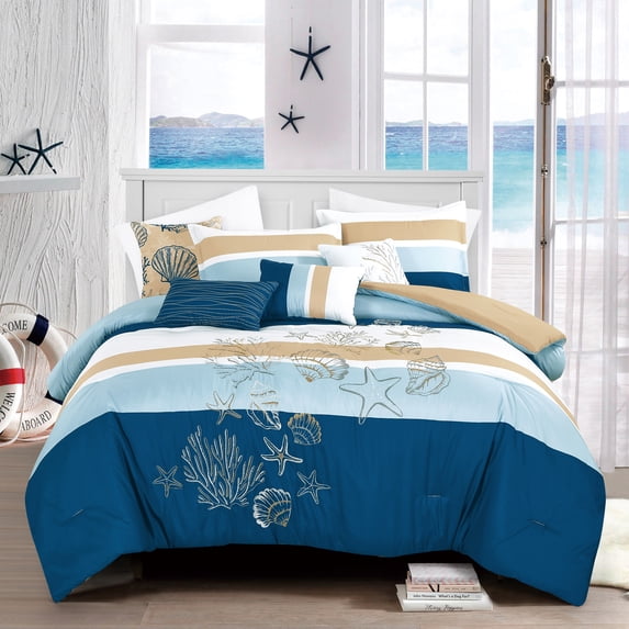 Teal & Blue Seashell Starfish Print Comforter Set King - Coastal Beach Theme Bedding