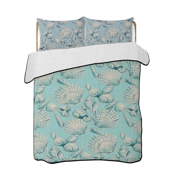 Teal Blue Seashells 3 Piece Quilt Bedding Set with 2 Pillow Shams, Summer Coastal Coral Dreamy Marine Life Lightweight Bedspread Coverlet, Soft Breathable All Season Quilt, 68 x 98 Inch