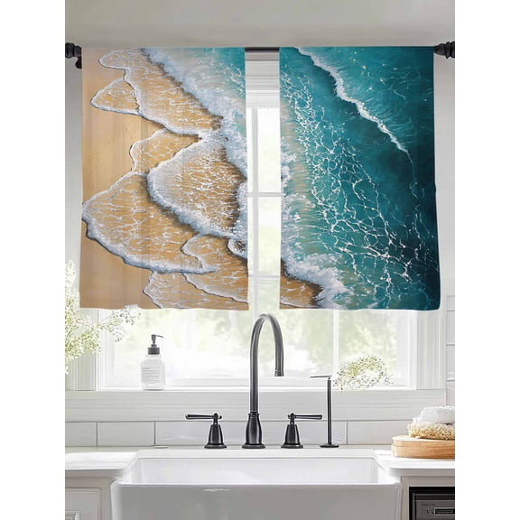 Teal Blue Sheer Curtains 45 Inches Long 2 Panels Ocean Wave Beach Coastal Ripple Nature Scenery Light Filtering Semi Sheer Window Curtains Drapes for Bedroom Living Room 52"x45"