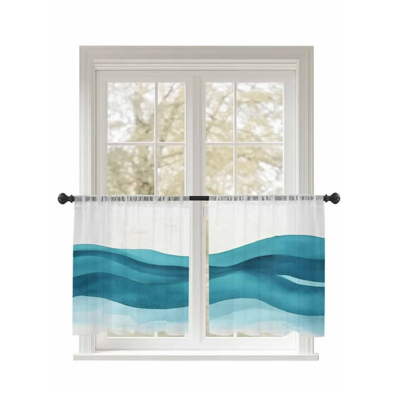 Teal Blue Sheer Curtains 54 Inch Long 2 Panels, Water Ripple Abstract Watercolor Gradient Waves Light Filtering Rod Pocket Semi Sheer Curtains, Sheer Voile Drapes for Living Room Bedroom, 52"x54"