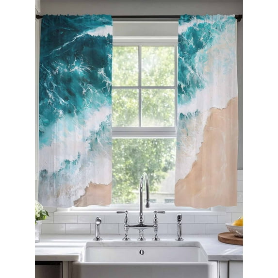 Teal Blue Sheer Curtains 63 Inches Long 2 Panels Beige Gradient Sea Wave Abstract Beach Scenery Light Filtering Semi Sheer Window Curtains Drapes for Bedroom Living Room 52"x63"