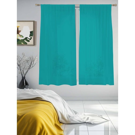Teal Blue Sheer Curtains 63 inches Long 2 Panels Set Solid Color Tiers Sheers Rod Pocket Small Window Short Curtains for Kitchen Cafe, Each 52" W x 63" L