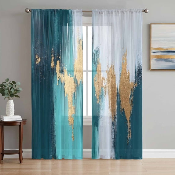 Teal Blue Sheer Curtains 72 Inch Length 2 Panels Set, Yellow Abstract Art Modern Voile Window Treatment Rod Pocket Curtains Sheers Drapes for Bedroom/Living Room/Kitchen 52"x72"x2