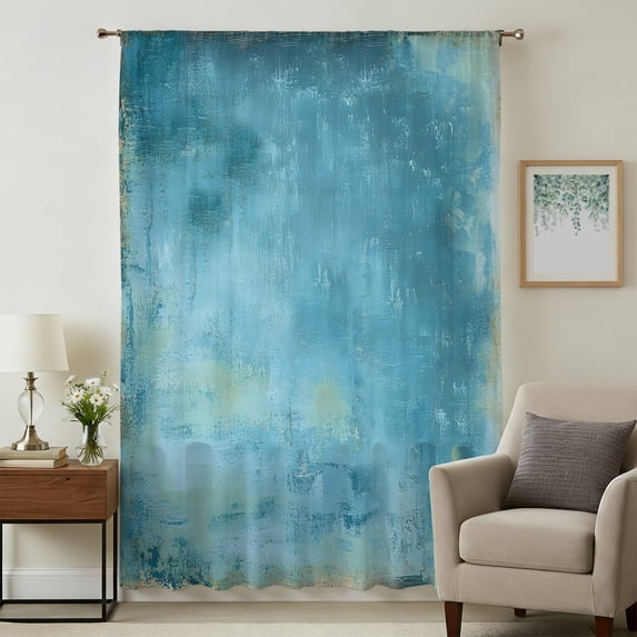 Teal Blue Sheer Curtains 96 Inches Long, Modern Abstract Simple Oil Painting Art Light Filering Curtains, Privacy Drapes Simi Floor to Veiling Curtain for Living Room Bedroom Large Window Treatment