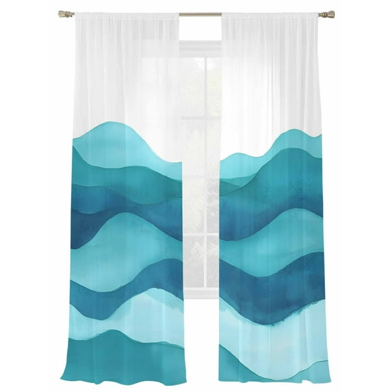 Teal Blue Sheer Curtains for Living Room Bedroom, Light-filtering Sheer Curtain, Ombre Ocean Wave Abstract Watercolor Modern Art Rod Pocket Voile Window Treatment Drapes, 52’’Wx108’’L, 2 Panels Set