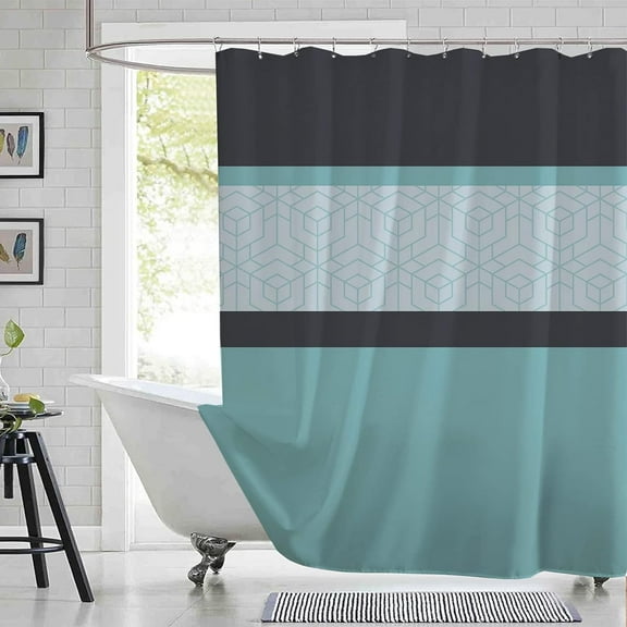 Teal Blue Shower Curtain Modern Geometric Black Shower Curtains Set for Bathroom Waterproof Fabric Stall Bath Curtain with 12 Hooks Rings Extra Long Size 72x72in