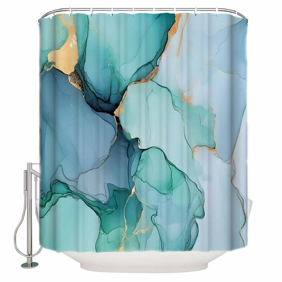 Teal Blue Shower Curtain Set ,Waterproof Fabric Shower Curtains Gold Abstract Marble Natural Stone Cracks Modern Shower Curtains for Bathroom,Bathroom Decor 36"x72"