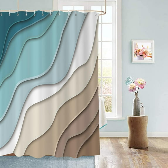 Teal Blue Shower Curtain, Teal Blue Brown Ombre Aqua Beach Waves Ocean Modern Bathroom Curtain Home Decor Waterproof Fabric Machine Washable with 6PCS Hooks,36" Wx72 L