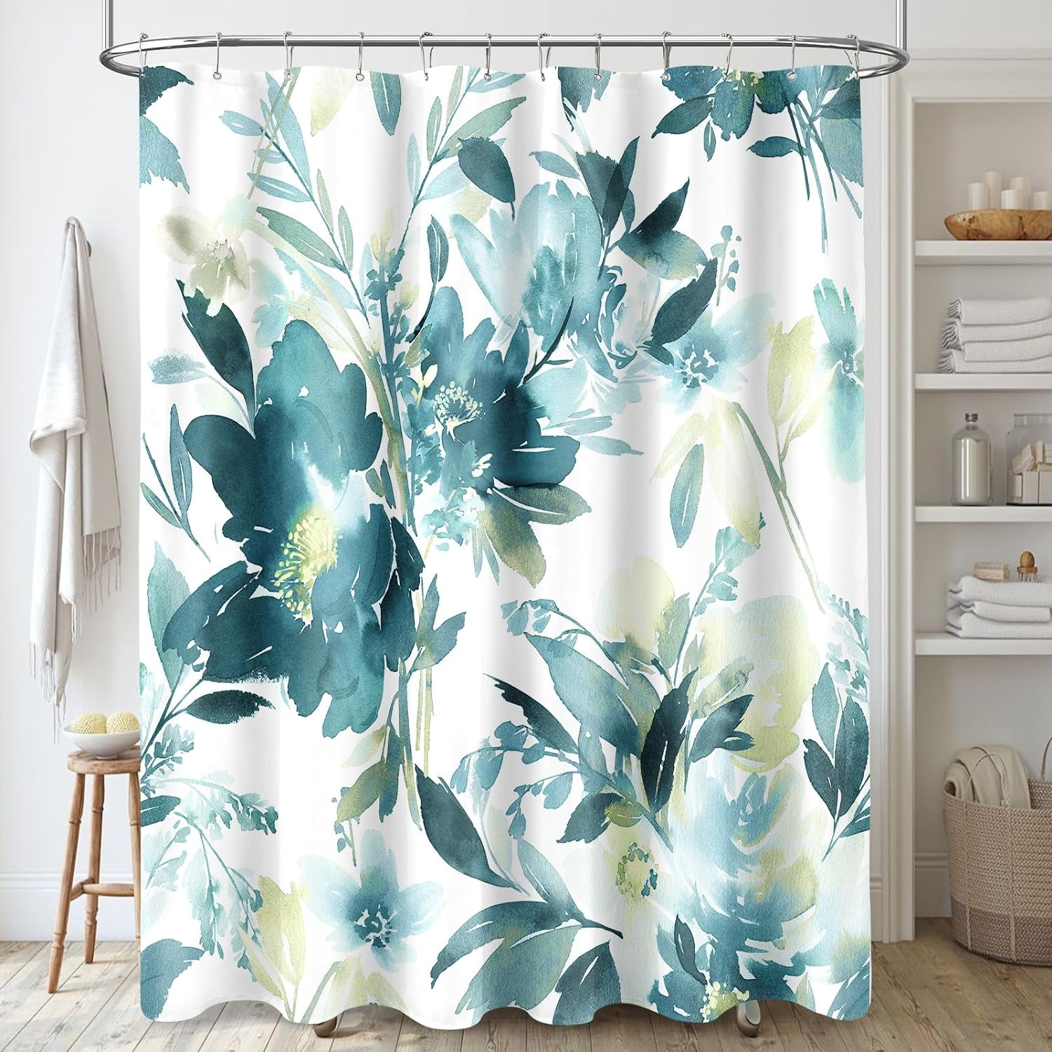 Teal Blue Shower Curtain, Watercolor Black Floral Shower Curtain for Bathroom, Modern Abstract Flower Decorative Fabric Shower Curtain Set with Hooks 72x72