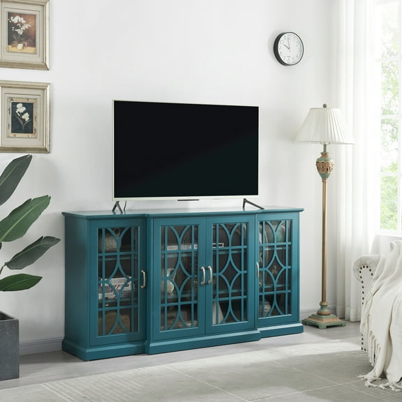 Teal Blue Sideboard Buffet Cabinet - Ample Space, 4 Doors, 6 Adjustable Shelves, Construction, Efficient 63" Storage In Tv Stand & Buffet, , Smooth Painted Surface, User- Design