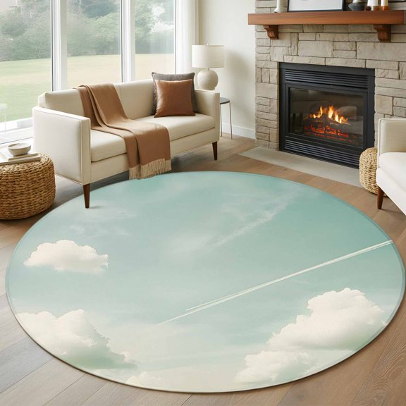 Teal Blue Sky 7ft Round Rug for Living Room Conversation Area, Summer Vintage Gradient White Clouds Nature Landscape Washable Non Slip Large Circle Area Rug