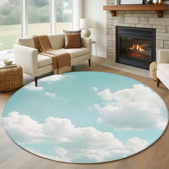 Teal Blue Sky 7ft Round Rug for Living Room Conversation Area, Summer Vintage Gradient White Clouds Watercolor Washable Non Slip Large Circle Area Rug