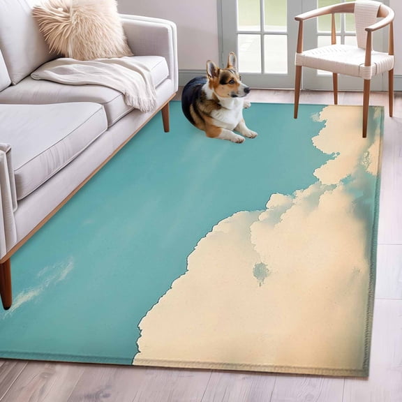 Teal Blue Sky Area Rug 4x6 Washable Rug Non Slip Vintage Modern Clouds Landscape Large Area Rug Indoor Floor Carpet for Entryway Bedroom Kitchen Living Room Home Office Dining Room Nursery