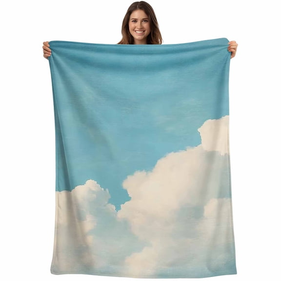 Teal Blue Sky Blanket Soft Cozy Warm Throw Blanket for Couch, Plush Fuzzy Flannel Fleece Blankets for Sofa, Retro Farmhouse White Clouds Landscape Bed Blankets Lightweight Gifts for Women, 40"x60"