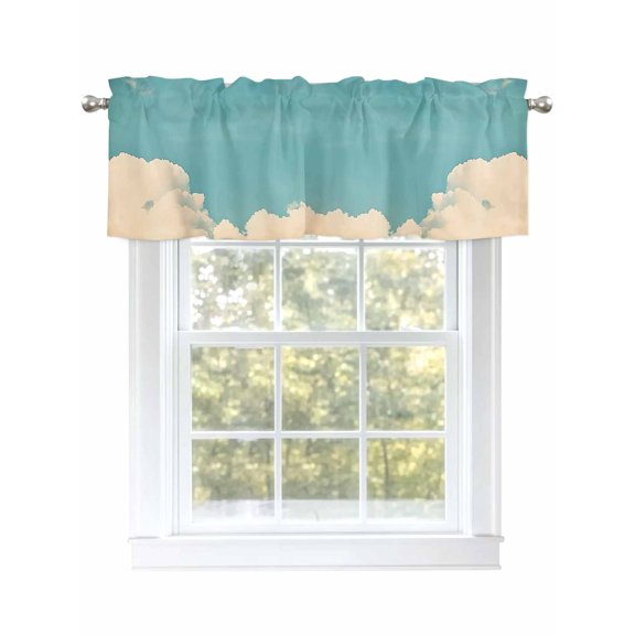 Teal Blue Sky Curtain Valances for Windows, Vintage Modern Clouds Landscape Kitchen Valance Window Treatment, Light Filtering Block Curtains for Bathroom/Bedroom/Living Room 54'' x 18''