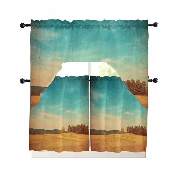 Teal Blue Sky Golden Fields Kitchen Curtains Sets 24 Inch Length with Valance, Retro Nature Hill Scenery Swag Valances and Tiers Curtain Set Drapes Swag Curtains for Living Room, Bathroom, Bedroom