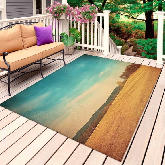 Teal Blue Sky Golden Fields Outdoor Rug 4x6 Ft, Non Slip Washable Area Rug, Retro Nature Hill Scenery Patio Rugs Carpet Runner, Large Floor Mat for Indoor/Outdoor Deck Porch Camping