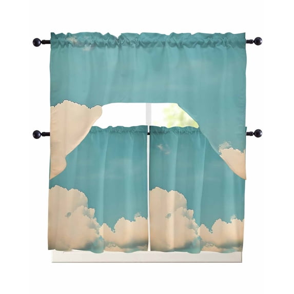 Teal Blue Sky Kitchen Curtains Sets 24 Inch Length with Valance, Vintage Modern Clouds Landscape Swag Valances and Tiers Curtain Set Drapes Swag Curtains for Living Room, Bathroom, Bedroom, Cafe