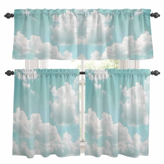 Teal Blue Sky Kitchen Curtains Valances and Tiers Set of 3 Summer Vintage Gradient White Clouds Watercolor Tier Curtains and Valance with Rod Pocket for Small Windows, 27.5"x36"