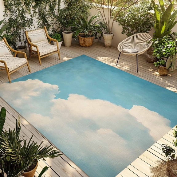 Teal Blue Sky Outdoor Rug 3x5 Ft - Reversible Patio Rug Outdoor Camping Rugs, Retro Farmhouse White Clouds Landscape Washable Indoor Outdoor Area Rugs, Non-Slip Outdoor Carpet Runner for Deck/Porch