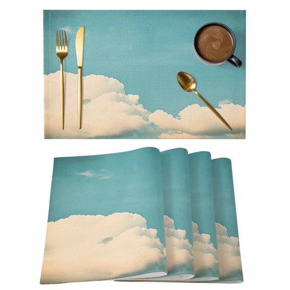 Teal Blue Sky Placemats Set of 6 Vintage Modern Clouds Landscape Place Mats Indoor Wipeable Table Mats Washable Cloth Dining Table Placemats for Kitchen Holiday Party Home Decor 13x19 Inch
