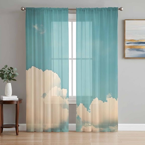 Teal Blue Sky Sheer Curtains 63 Inch Length 2 Panels Set, Vintage Modern Clouds Landscape Voile Window Treatment Rod Pocket Curtains Sheers Drapes for Bedroom/Living Room/Kitchen 52x"63"x2