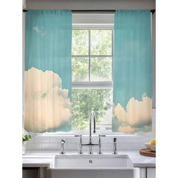 Teal Blue Sky Sheer Curtains for Living Room Bedroom Vintage Modern Clouds Landscape Sheer Curtains 63 Inch Long 2 Panels Set Light Filtering Curtain Window Treatments Drapes for Dining Room