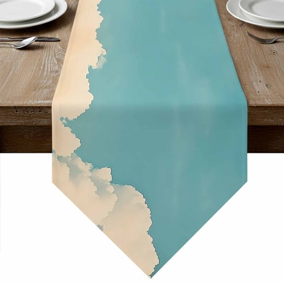 Teal Blue Sky Table Runner Linen Burlap Table Runner 60 Inches Long Vintage Modern Clouds Landscape Dresser Scarves for Kitchen Island Coffee Dining Room Party Wedding Banquet Holiday Decor 13"x60"