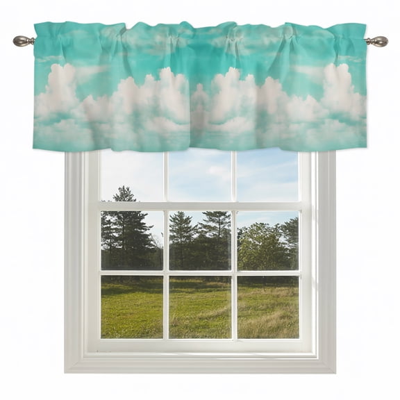 Teal Blue Sky White Cloud Valances for Windows Ocean Wave Seaside Landscape Rod Pocket Curtain Valance Window Treatment Short Curtains for Kitchen Living Room,42x12in