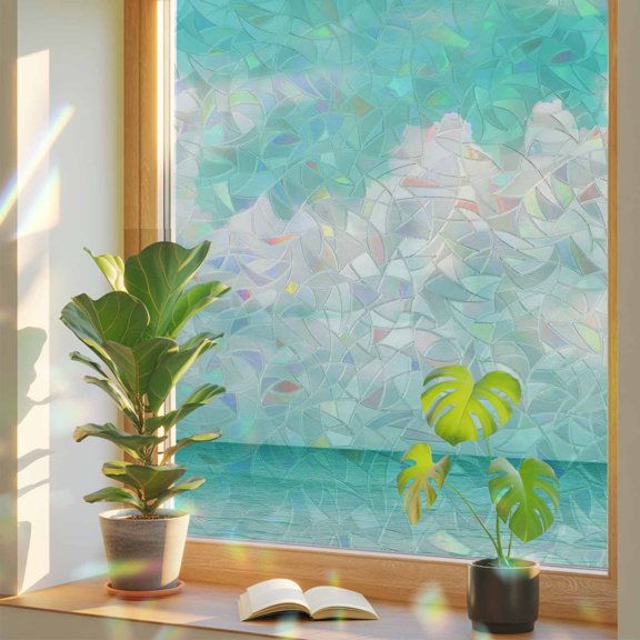 Teal Blue Sky White Cloud Window Privacy Film, Rainbow Film Decorative Window Sticker 17.7x39.3in, Ocean Wave Seaside Landscape Sun Blocking Static Stained Glass Cling Tint Non-Adhesive