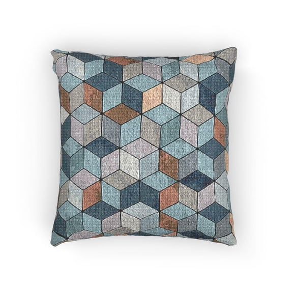 Teal Blue, Slate Gray and Tan 3D Cube Geometric Decorative Woven Pillow, Cotton-Polyester Shell