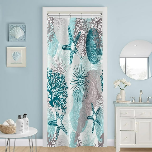 Teal Blue Small Stall Shower Curtain 36 x 72 Inch, Half Narrow Beach Ocean Themed Shower Curtain, Summer Tropical Seashell Starfish Coral Nautical Coastal Shower Curtains for Bathroom Decor
